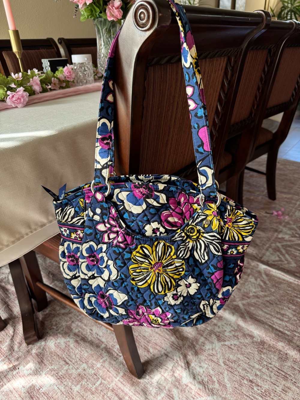 Vera Bradley Navy Floral Quilted Shoulder Bag with Pink & Yellow Accents